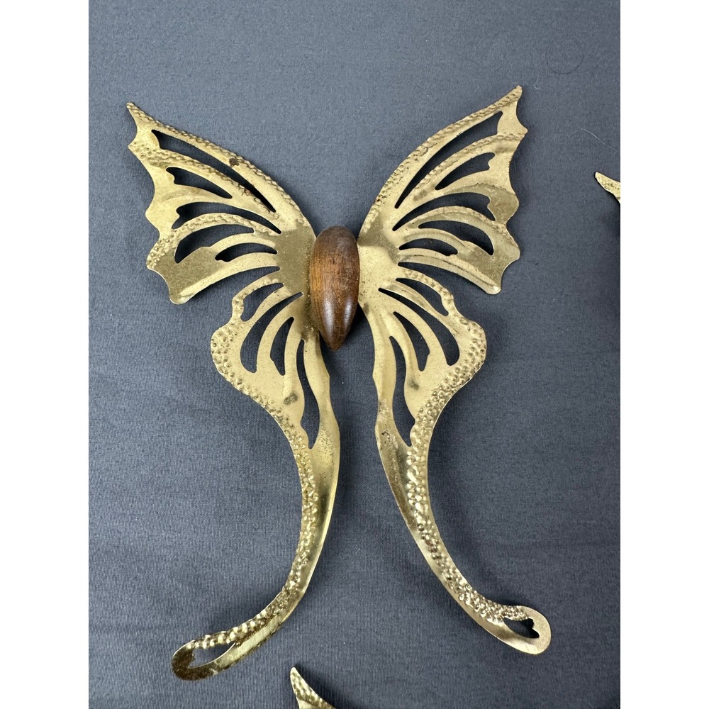 Vintage 1970s HOMCO Brass Wood Butterfly Wall Decor Set of 5 MCM - Picture 3 of 11